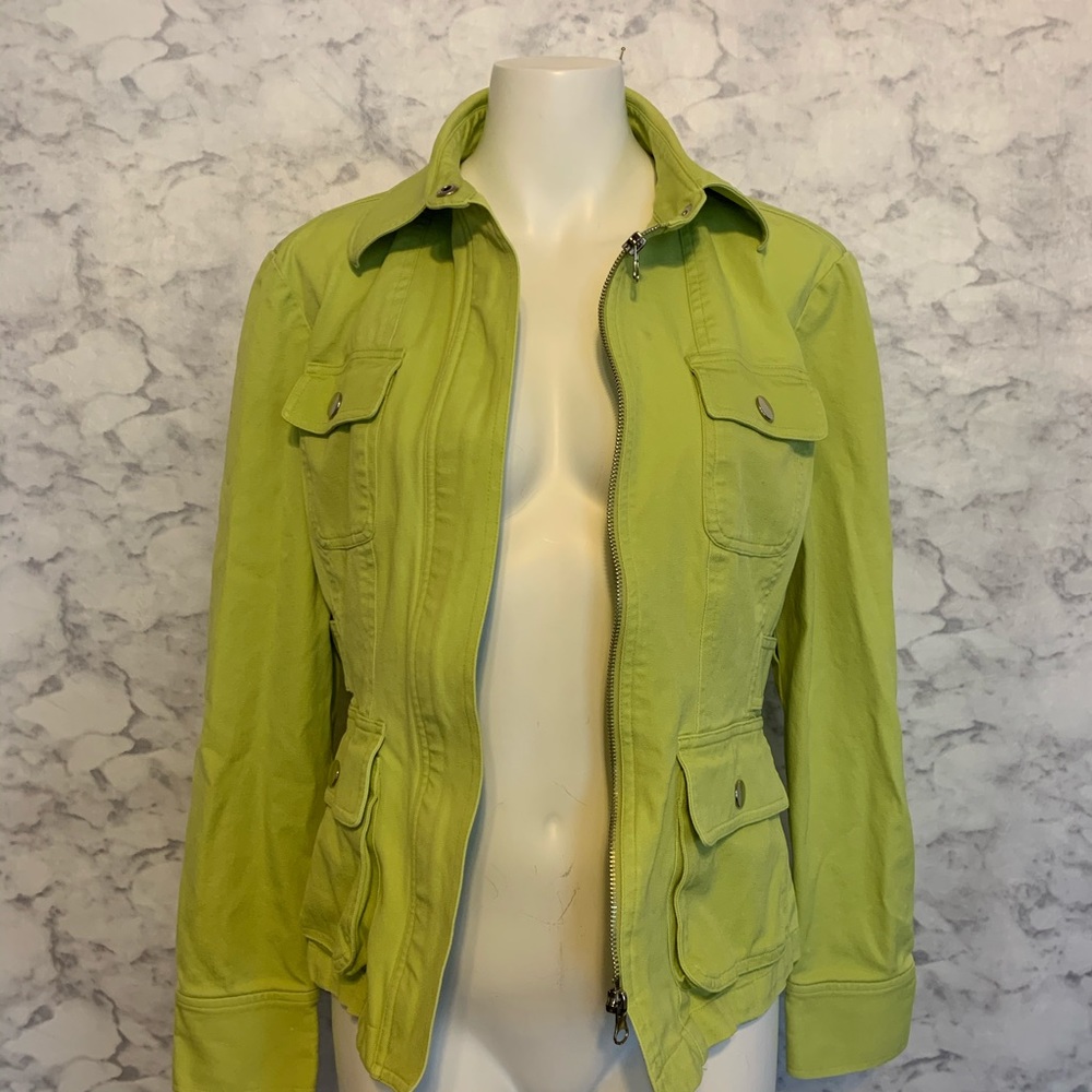 Jendo Lime Green Zip up Denim Jacket Pockets